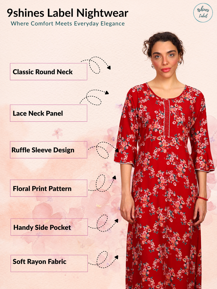 Red Rayon Designer Nightdress with Embroidered Neckline