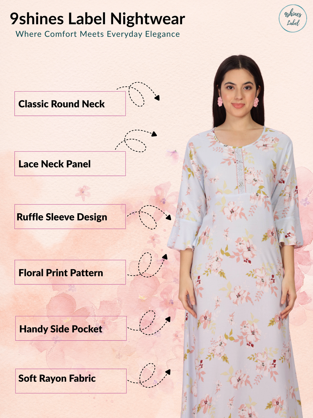 Soft Rayon Printed Nighty with Lace Detailing and Pocket