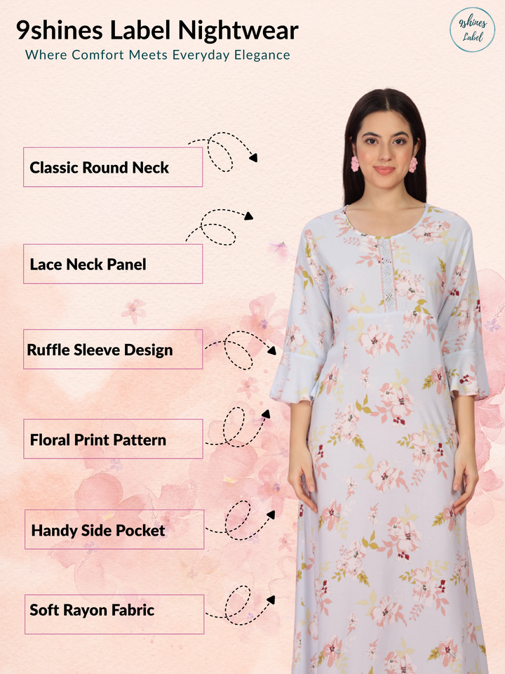 Soft Rayon Printed Nighty with Lace Detailing and Pocket