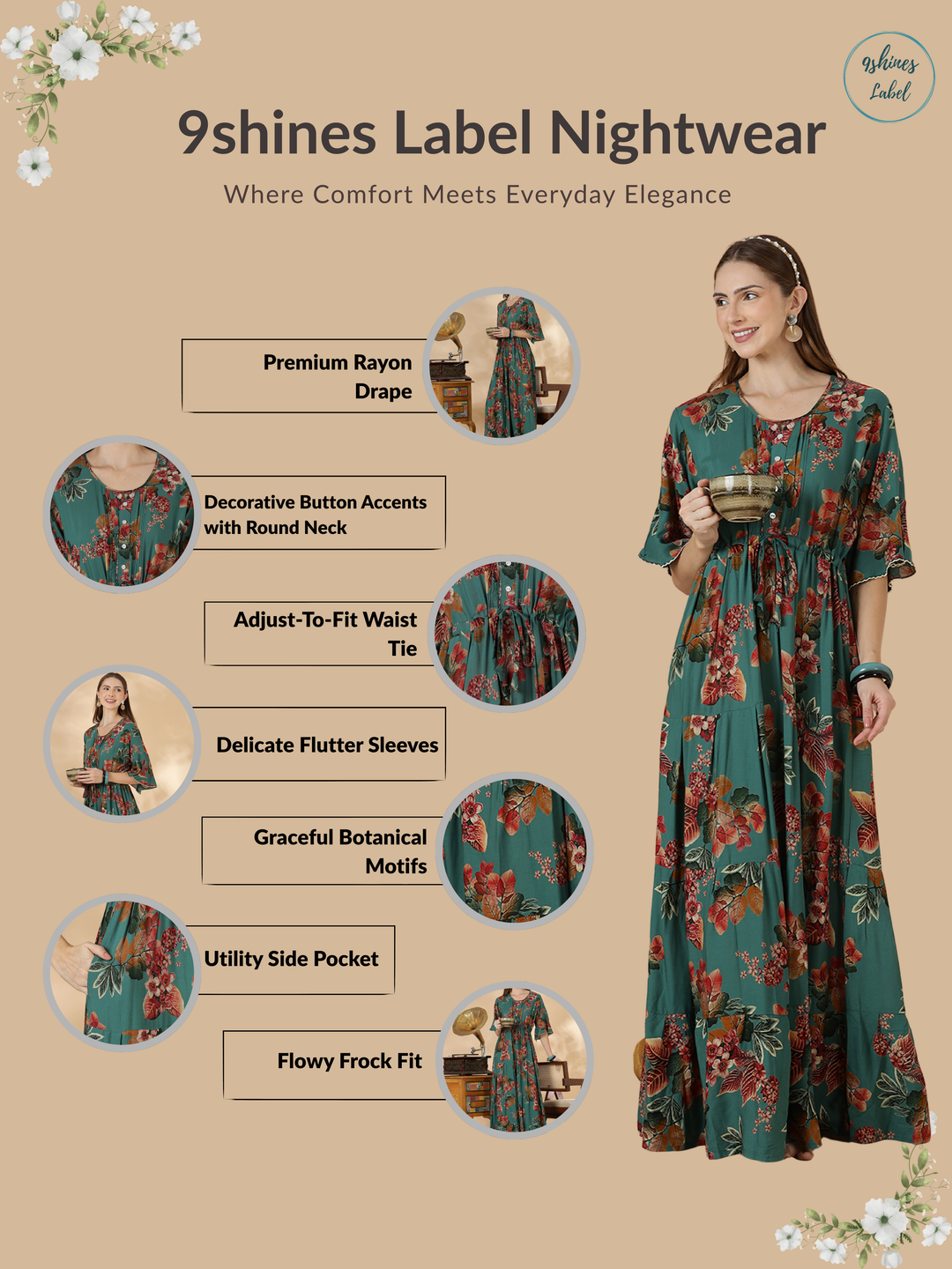 Floral Rayon Frock Style Nighty for Women Breathable Comfort