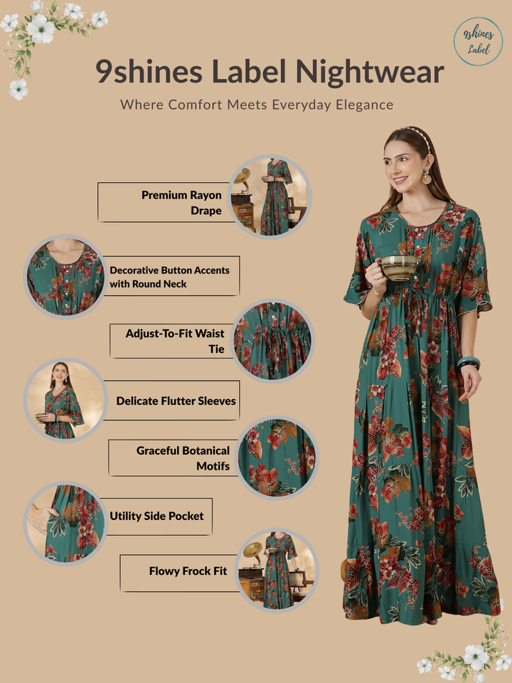 Floral Rayon Frock Style Nighty for Women Breathable Comfort