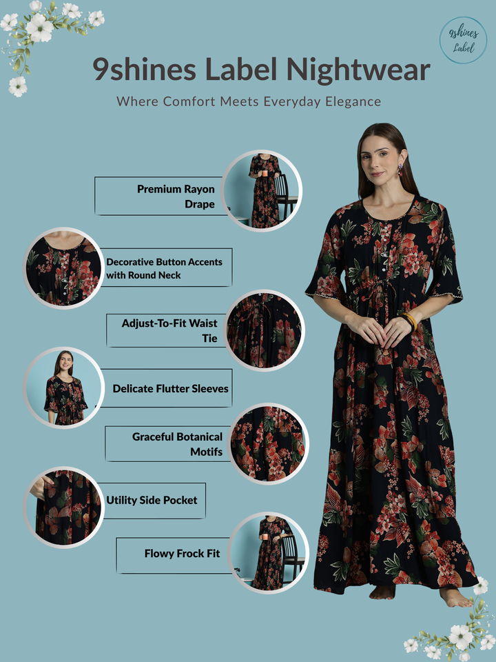 Botanical Rayon Frock Nighty for Women Soft Relaxed Fit