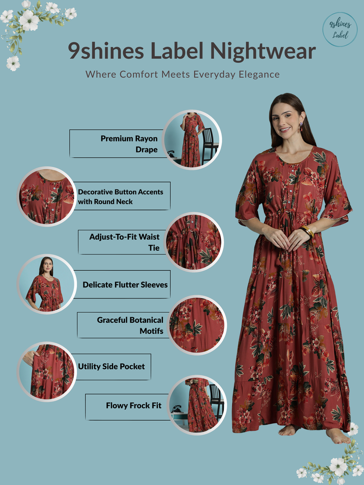 Botanical Print Rayon Frock Nighty for Women Soft Flowy Comfort