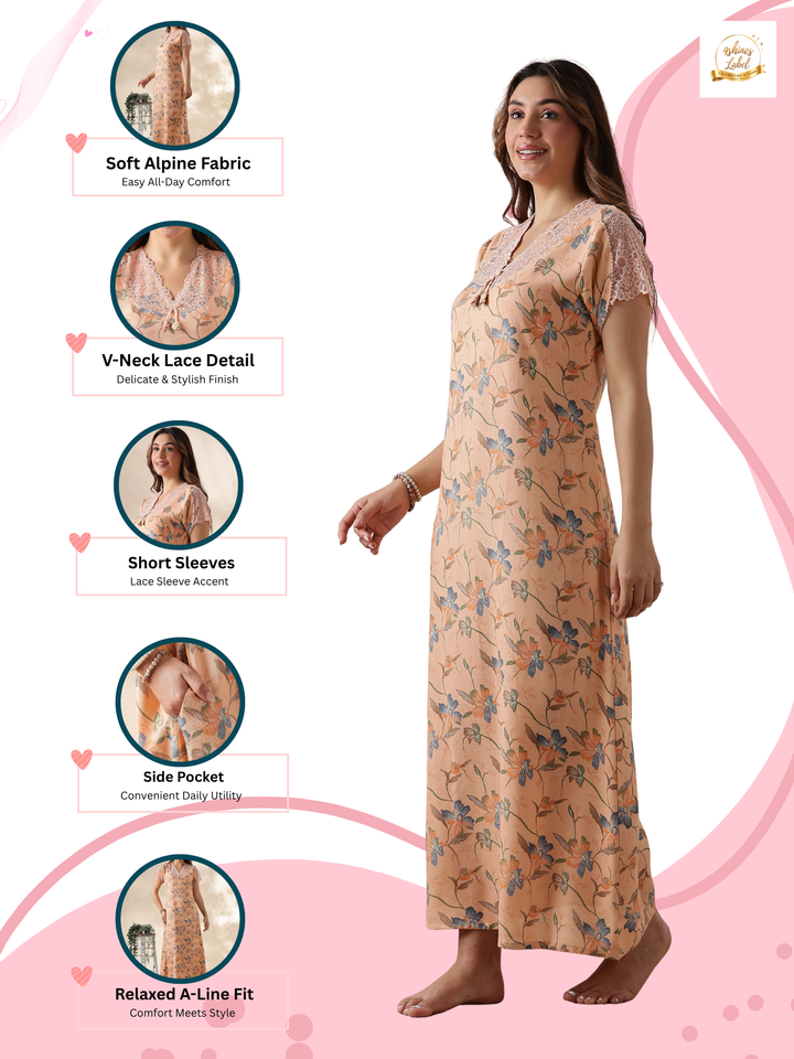 Alpine Peach Floral Nighty for Women with Lace and Pocket