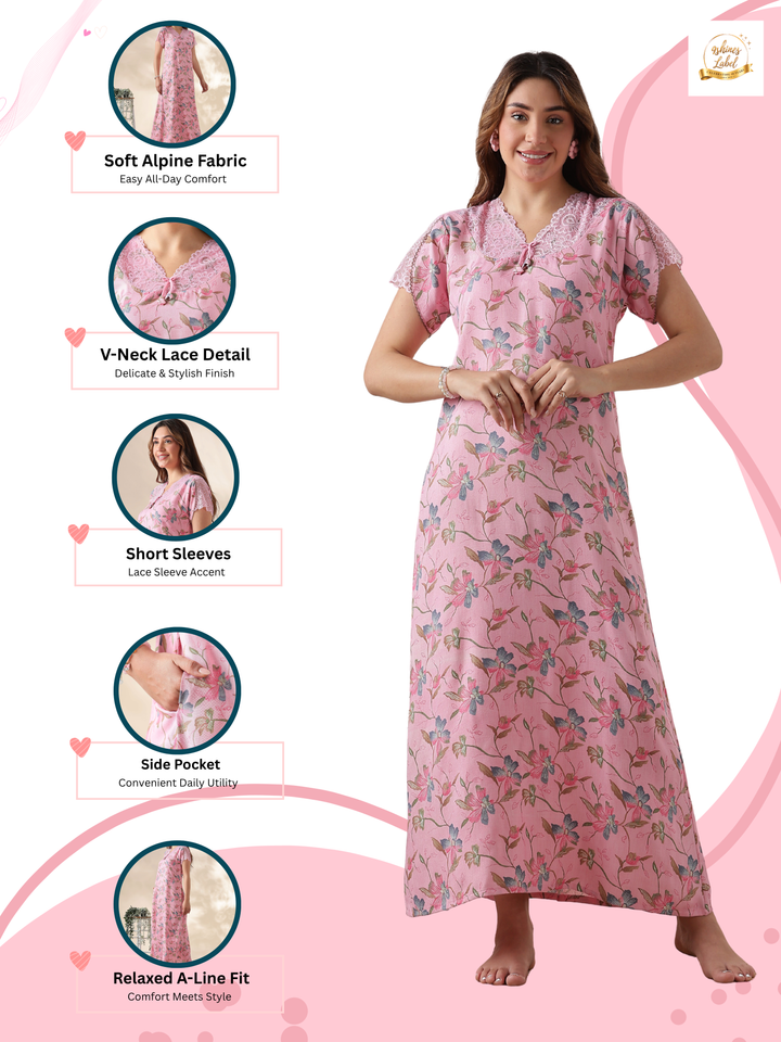 Alpine Blush Pink Floral Nighty for Women with Lace Sleeves
