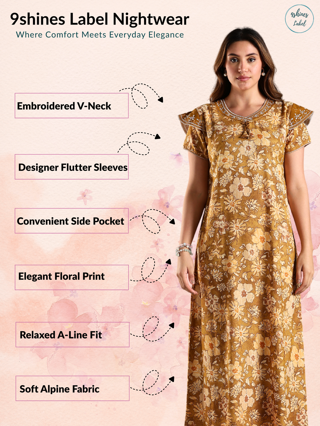 Alpine Designer Nighty Yellow A-Line Fit with Floral Embroidery