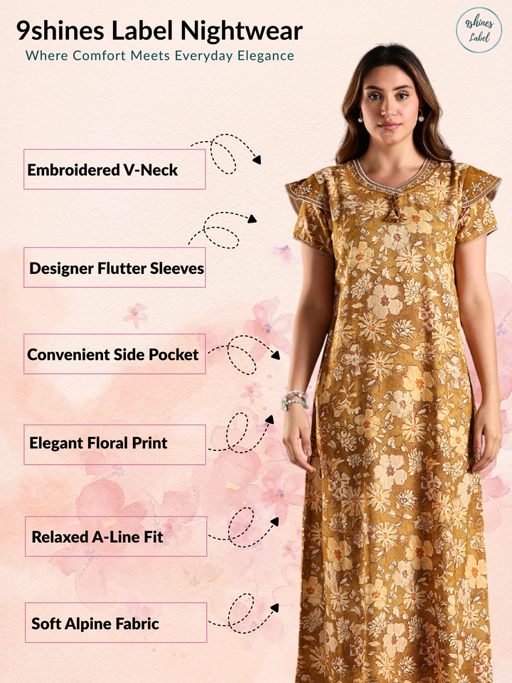Alpine Designer Nighty Yellow A-Line Fit with Floral Embroidery