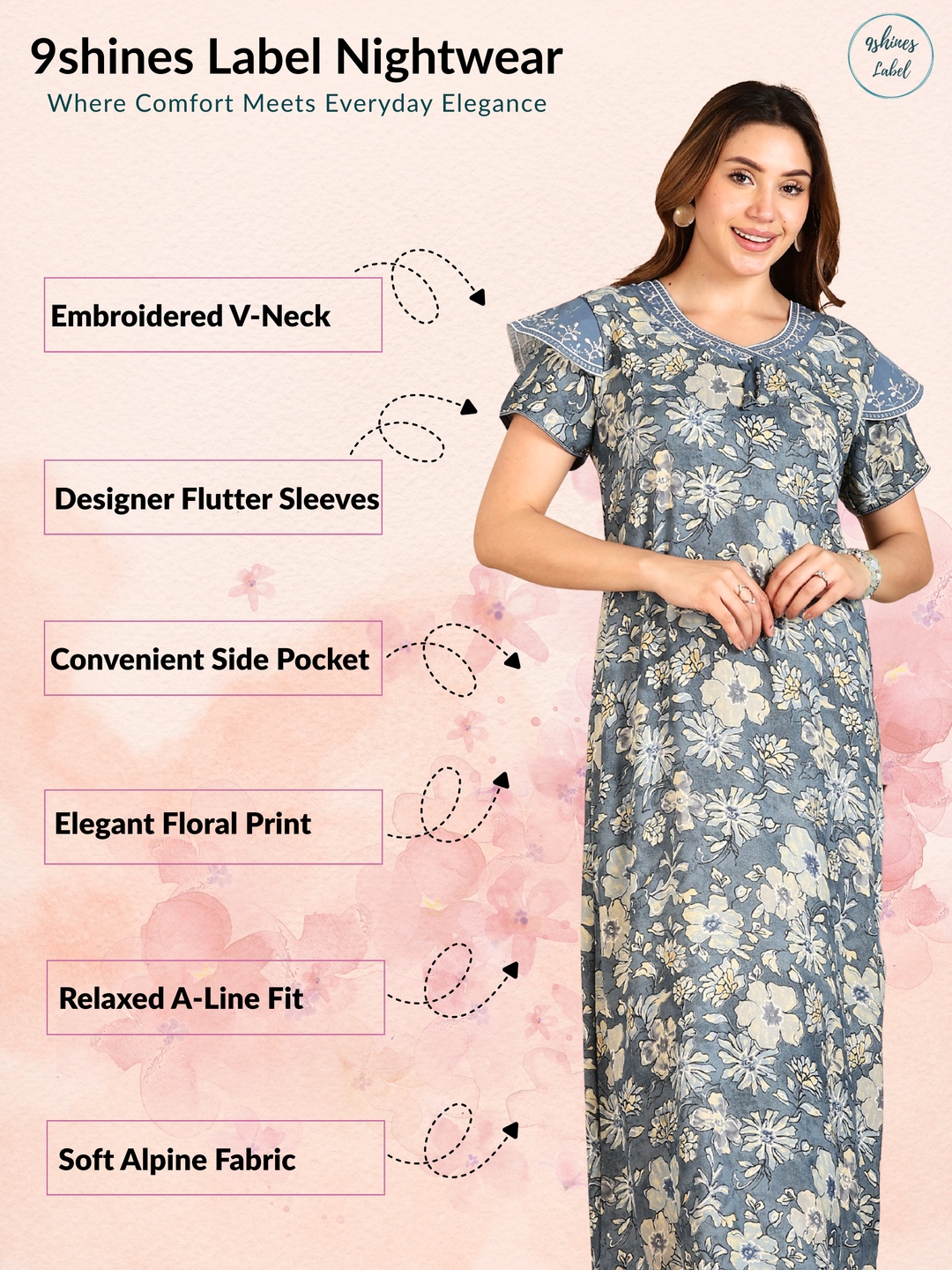 Alpine Designer Nighty Grey A-Line Fit with Floral Embroidery