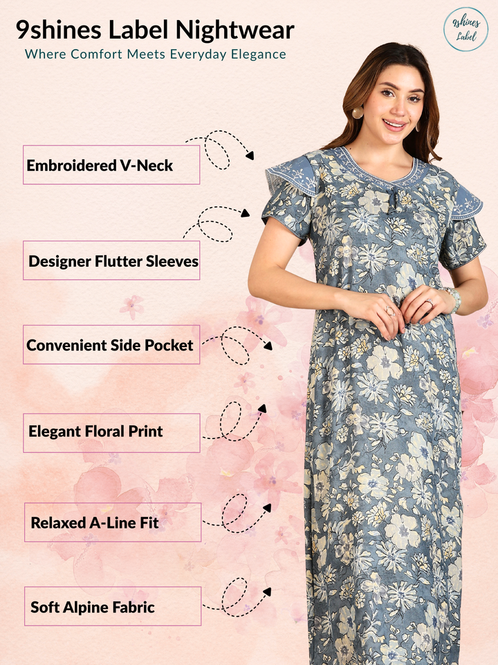 Alpine Designer Nighty Grey A-Line Fit with Floral Embroidery