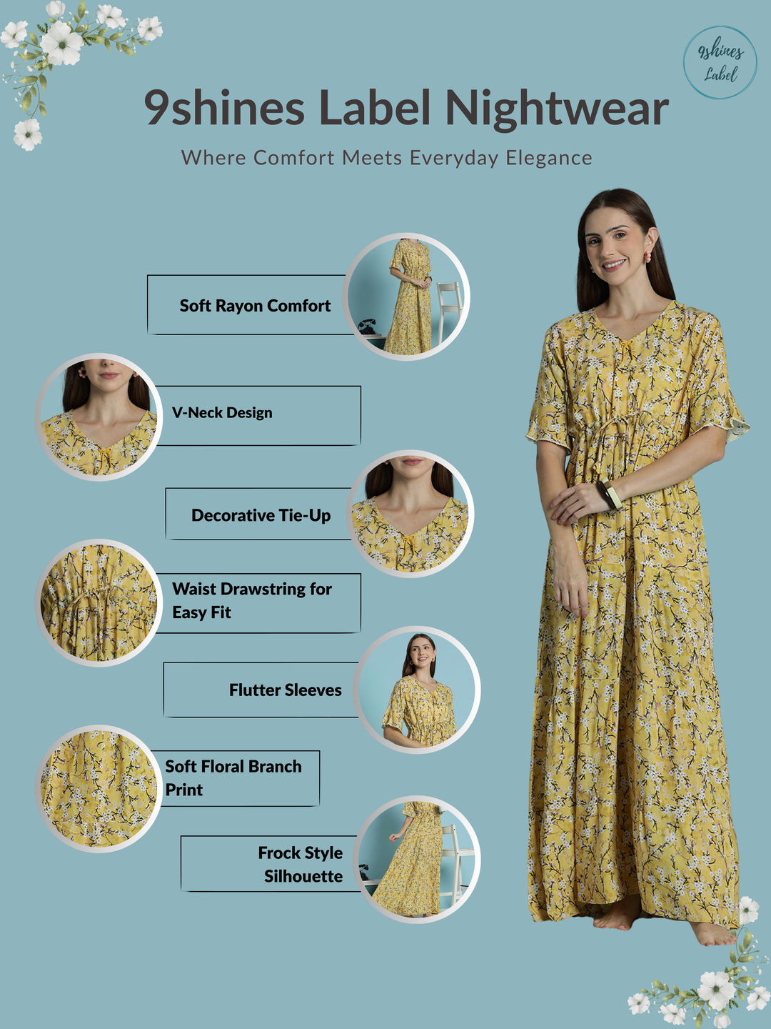 Honey Floral Rayon Nighty for Women Soft Relaxed Fit