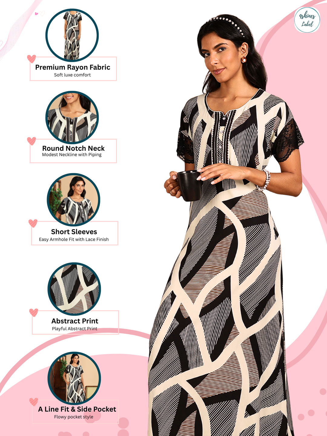 Rayon Geometric Print Nighty with Lace Sleeves and Pocket