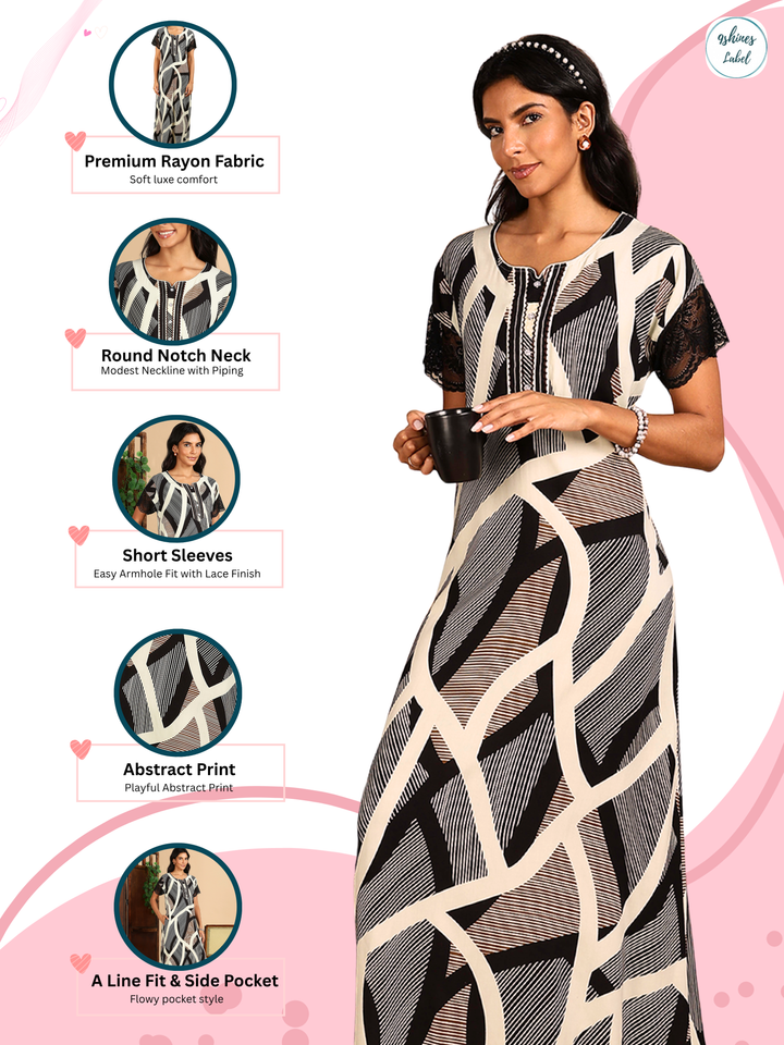 Rayon Geometric Print Nighty with Lace Sleeves and Pocket