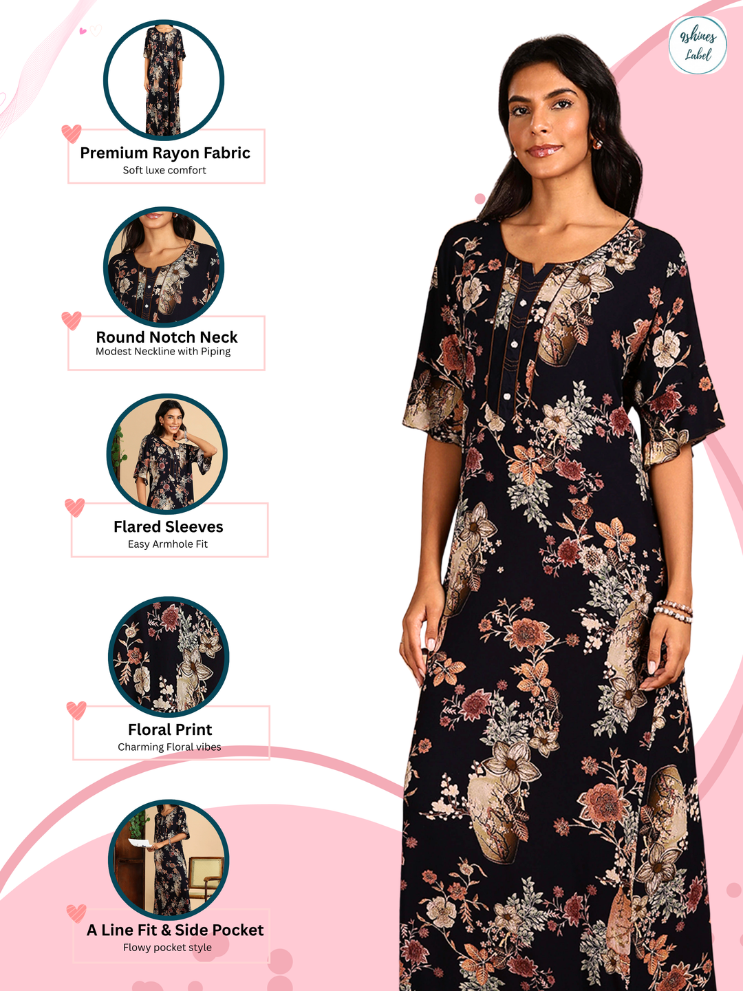 Rayon Garden Floral Designer Night Dress with Button Yoke and Pocket
