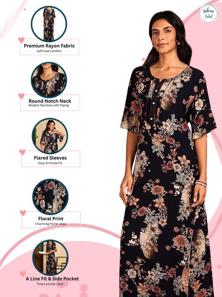 Rayon Garden Floral Designer Night Dress with Button Yoke and Pocket