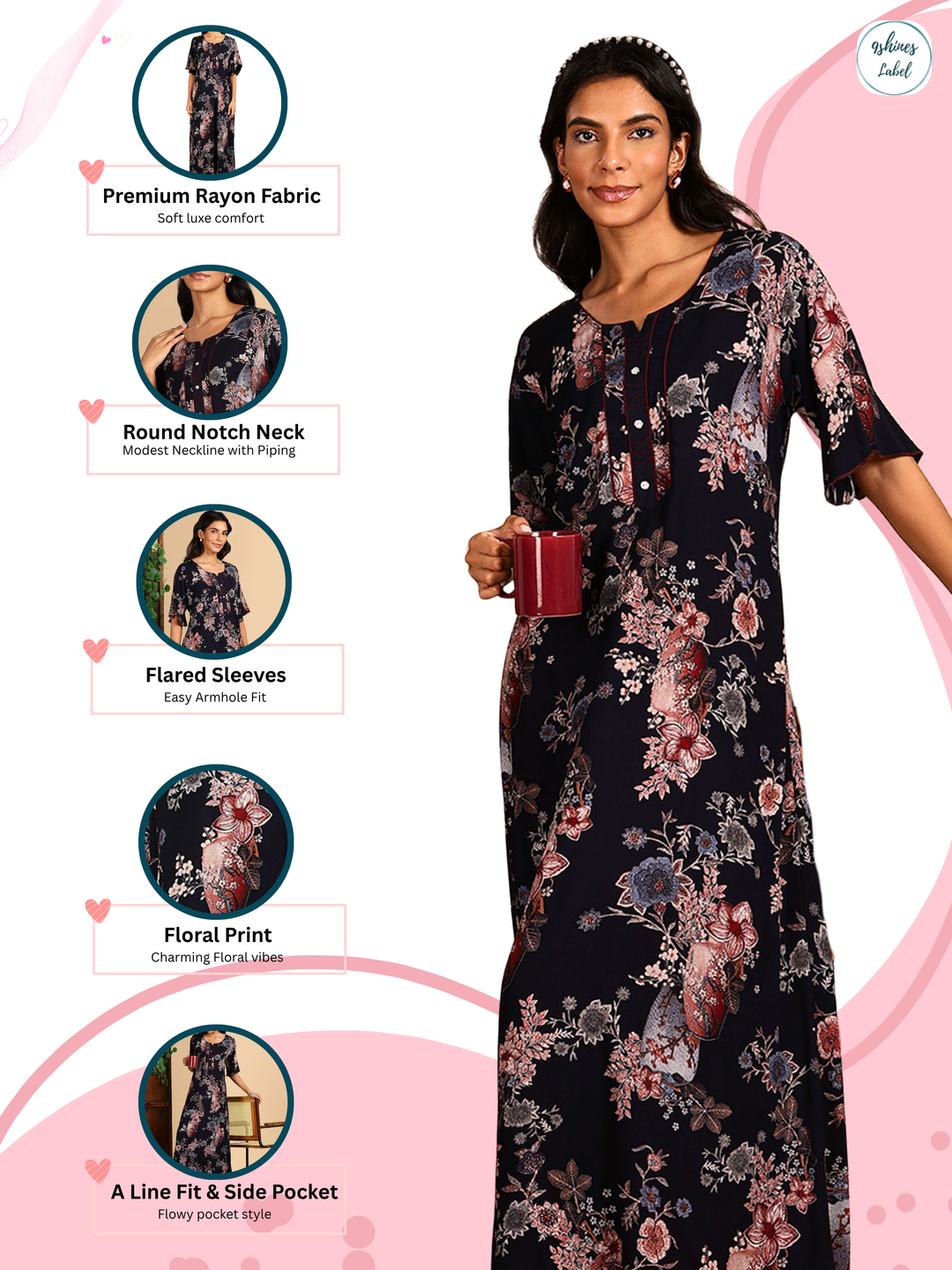 Rayon Navy Floral Nighty For Women with Button Detailing and Pocket