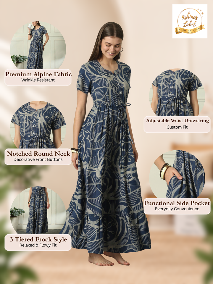 Designer Geometric Print Nighty with Tiered Hem in Urbane Indigo