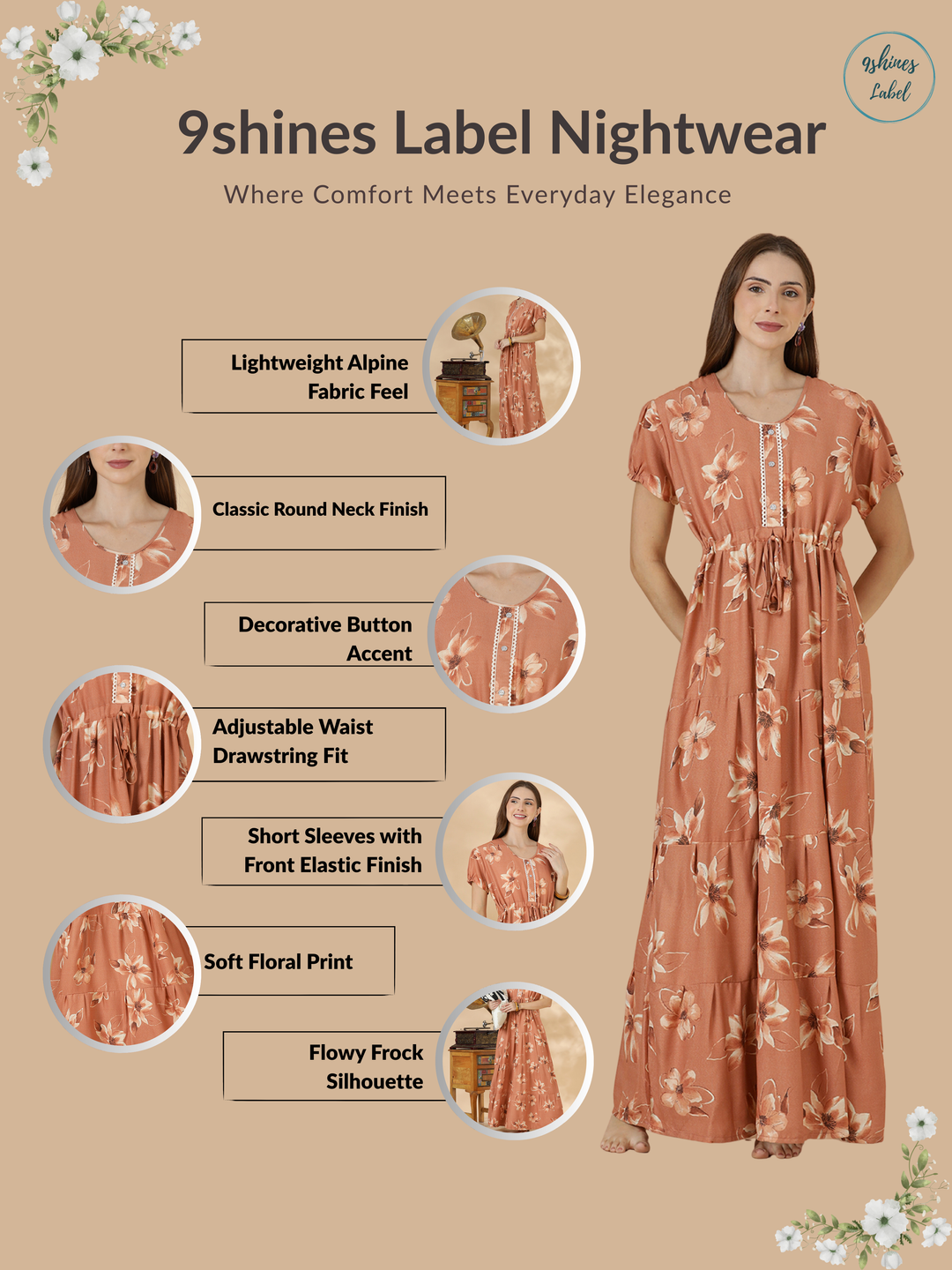 Peach Floral Frock Style Alpine Nighty for Women