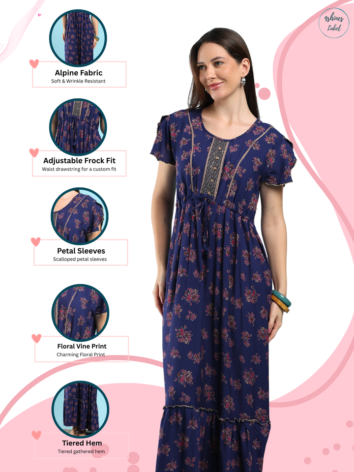 Blossom Azure Alpine Designer Nighty for Women Relaxed Frock Style