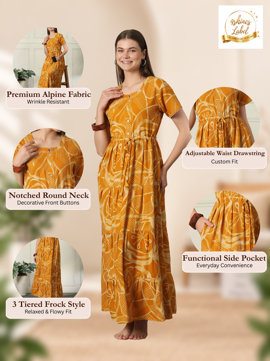 Geometric Frock Style Designer Nighty with Adjustable Waist in Urbane Honey