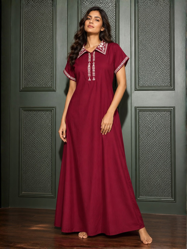 Maroon Alpine Designer Nighty for Women with Art Resham Embroidery