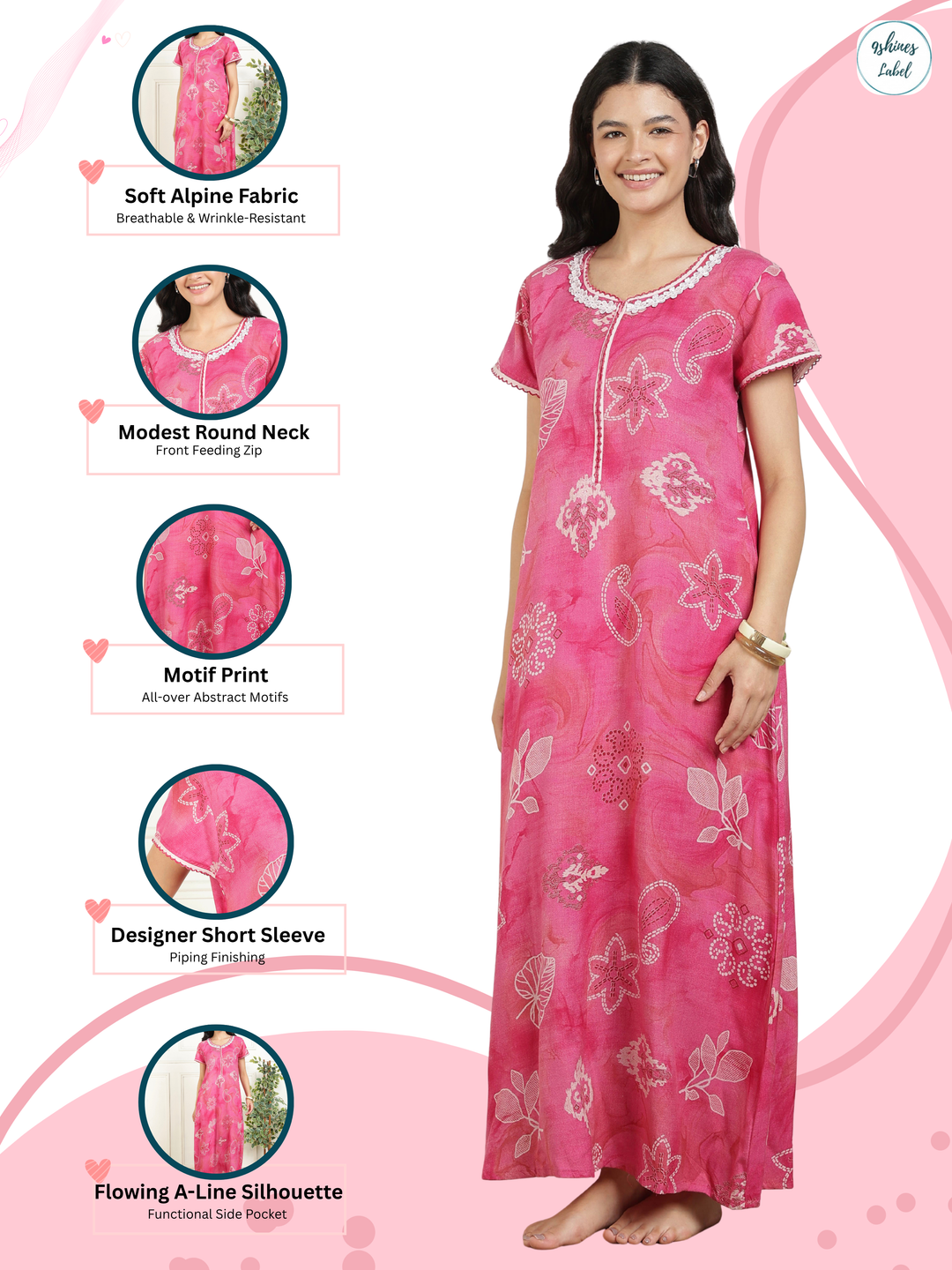 Bahaar Fuchsia Alpine Nightdress for Women with Pocket
