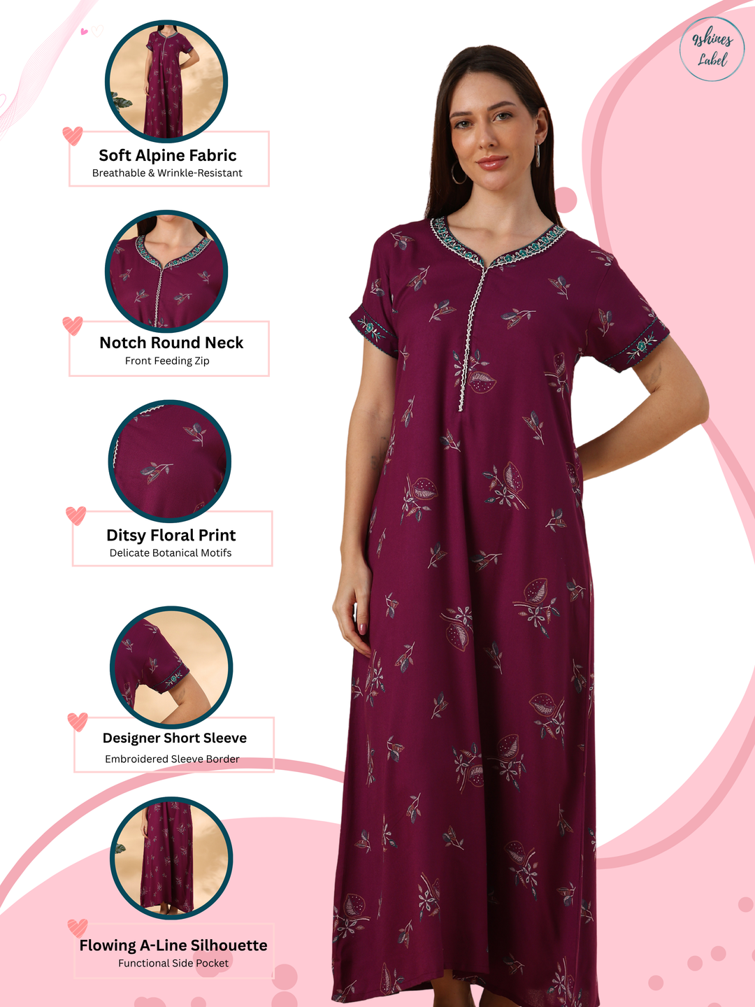 Alpine Fabric Posy Wine Botanical Printed Designer Nighty