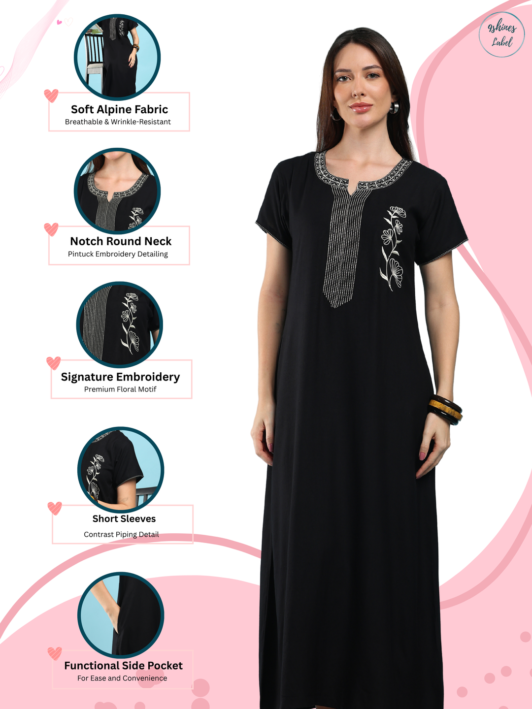 Charm Black Alpine Designer Nighty for Women with Pintuck Embroidery