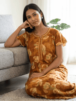 Petal Mustard Floral Print Designer Nighty for Women Relaxed Fit
