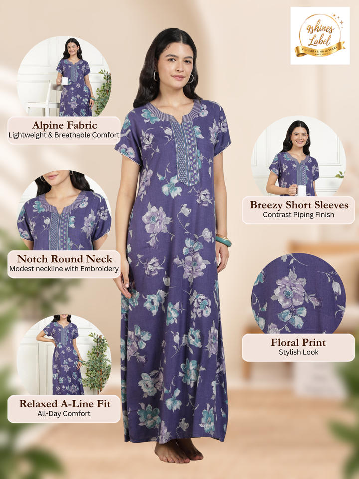 Classic Indigo Floral Print Alpine Nighty for Women Relaxed A Line Fit