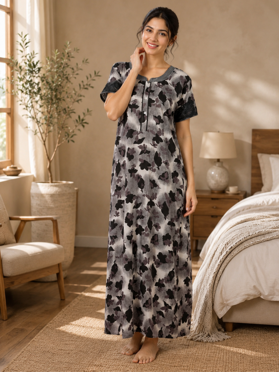 Black Floral Alpine Designer Nighty for Women Relaxed A Line Fit