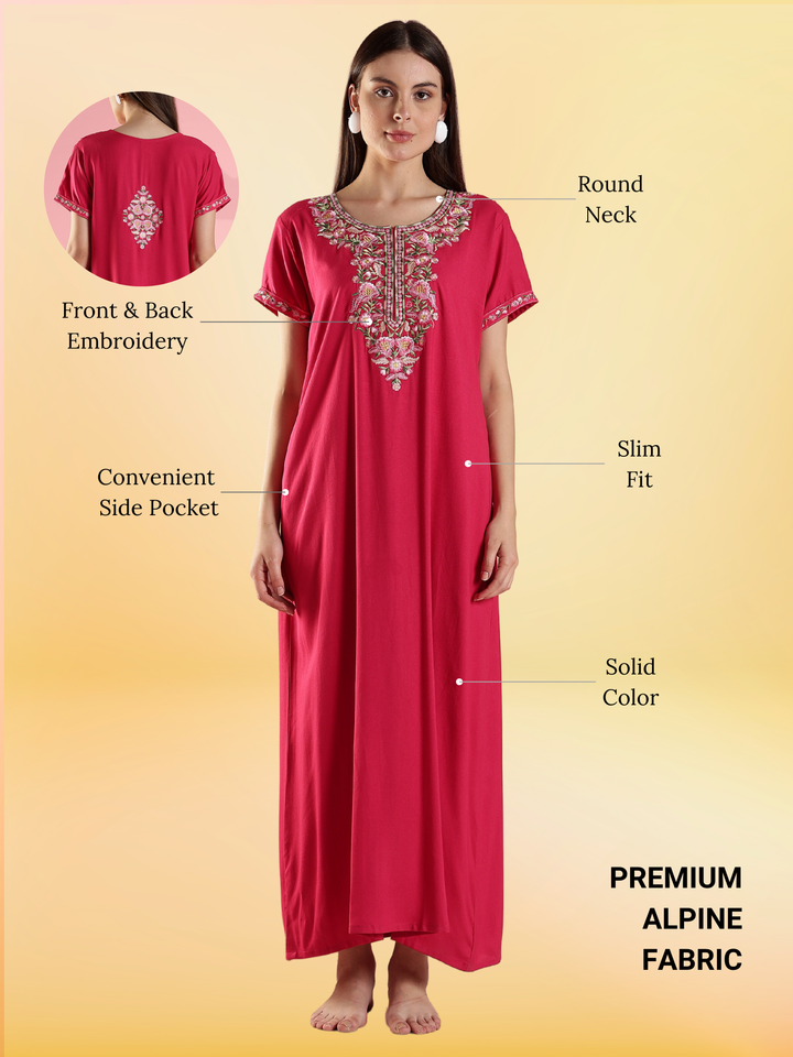 Raatrani Pink Alpine Designer Nighty - Stylish Comfort with Intricate Embroidery