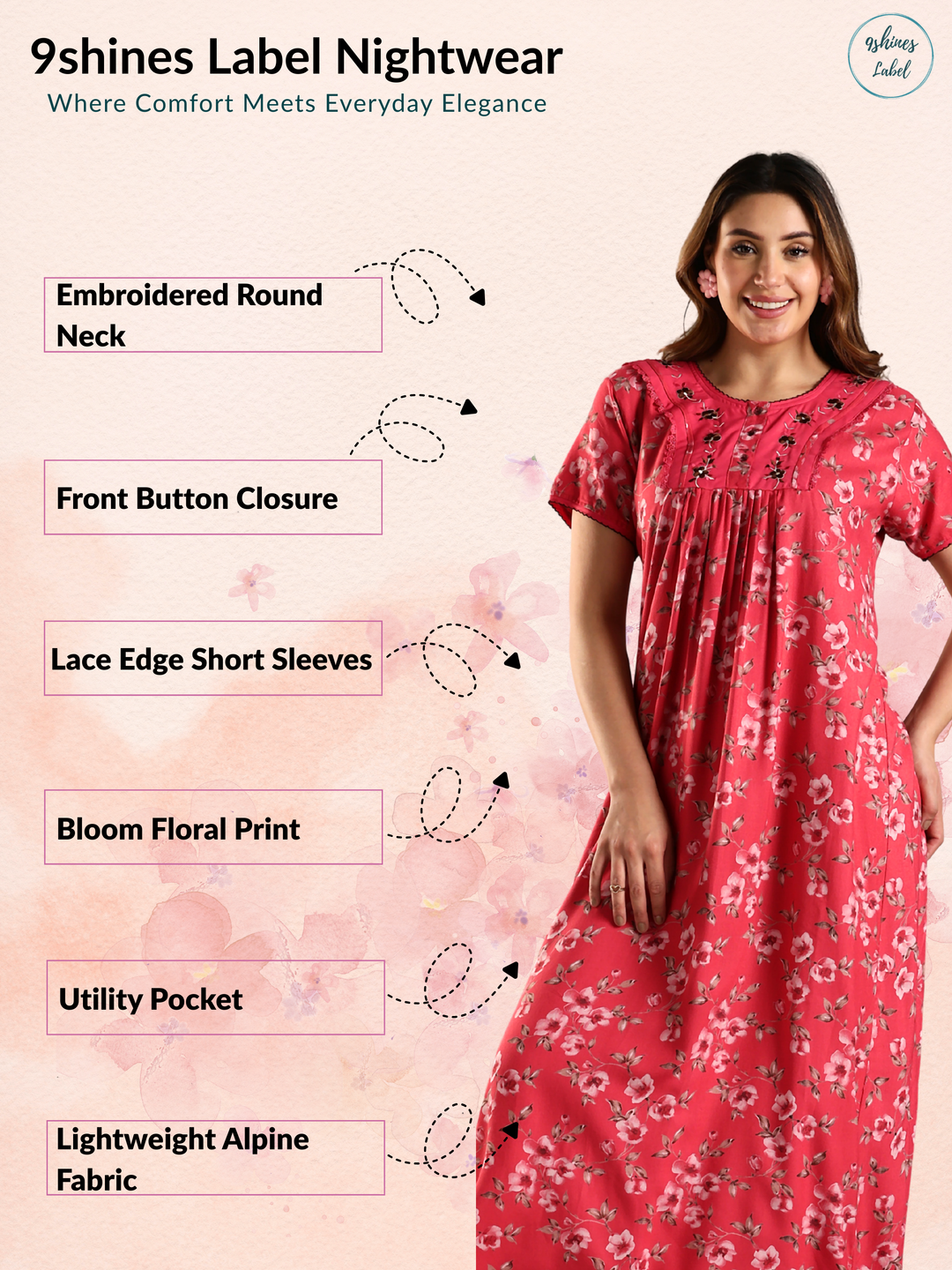 Alpine Designer Nighty in Floral Red Print for Women