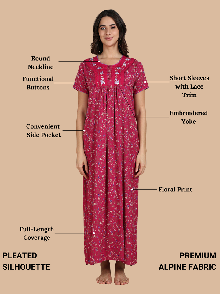 Berry Bloom Alpine Floral Nighty for Women Comfortable and Stylish