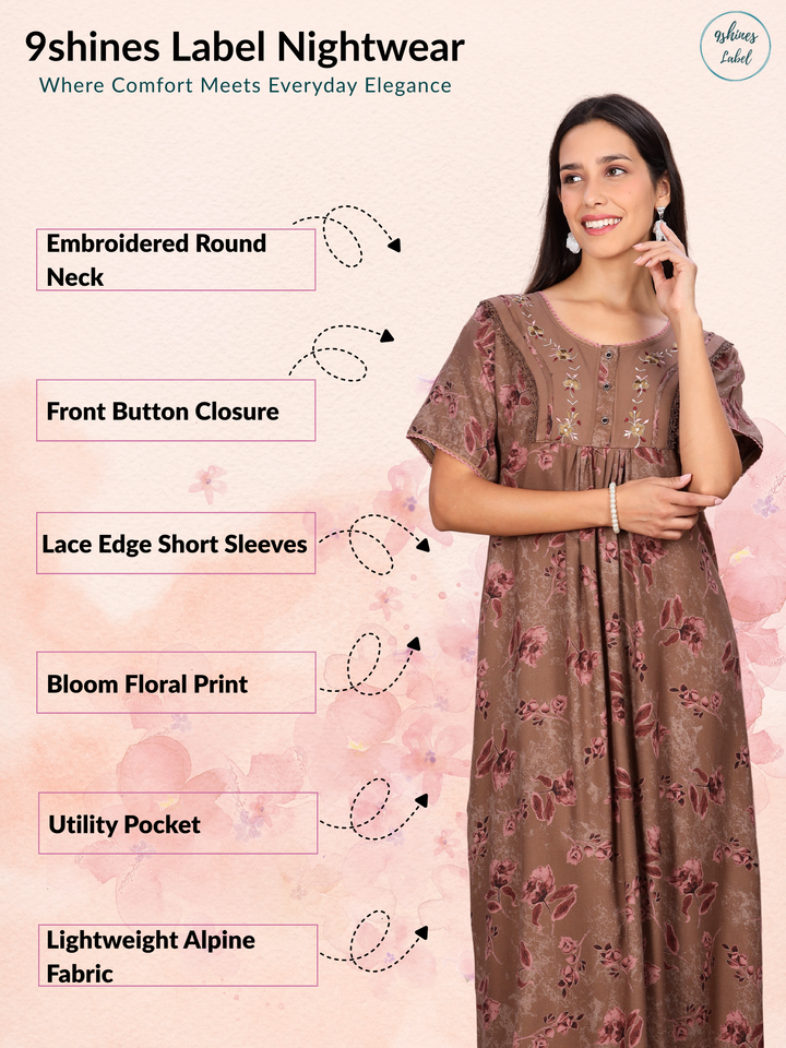 Alpine Designer Nighty in Floral Brown Print for Women