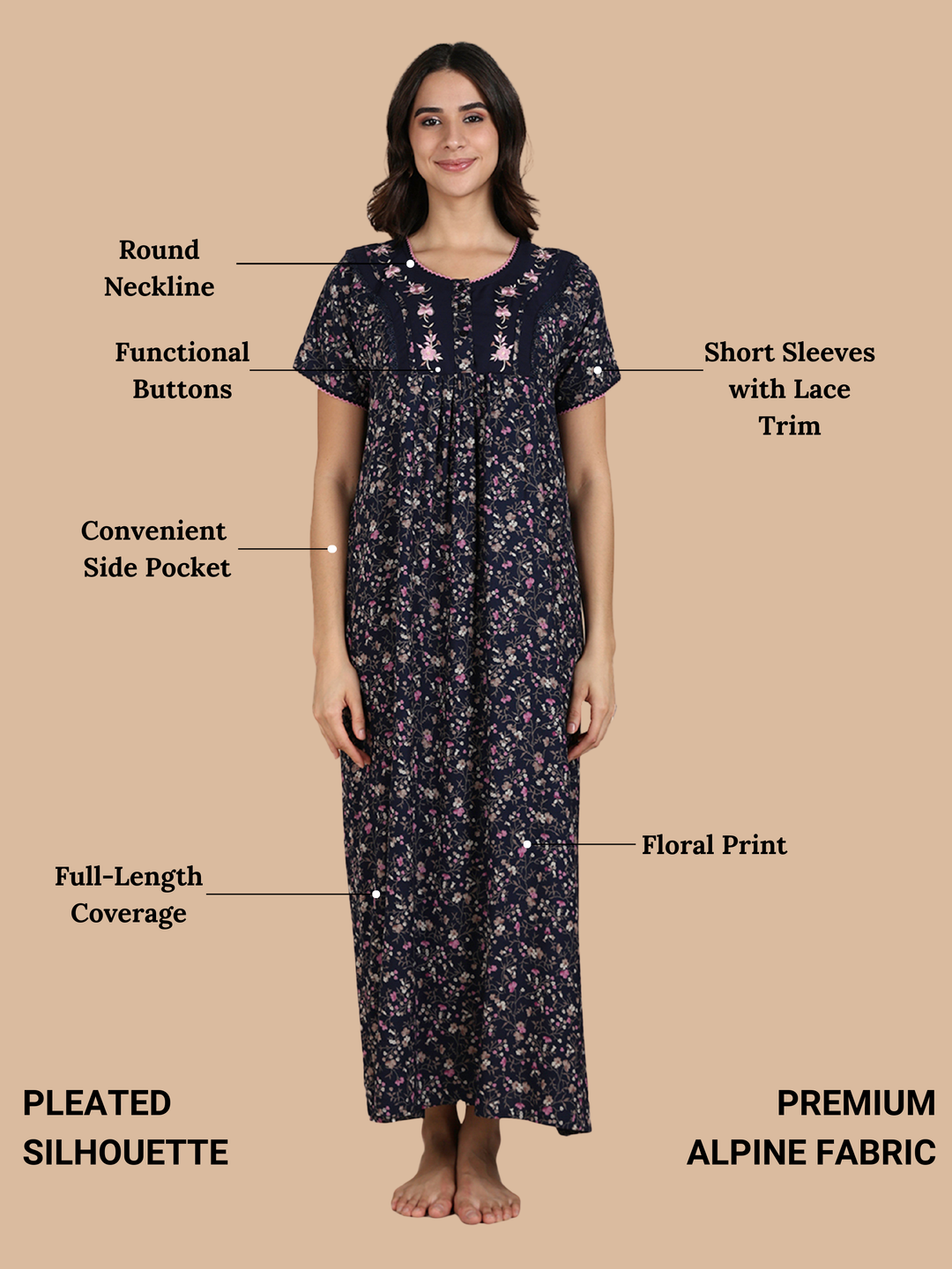 Midnight Blossom Alpine Floral Nighty for Women Breathable and Cozy