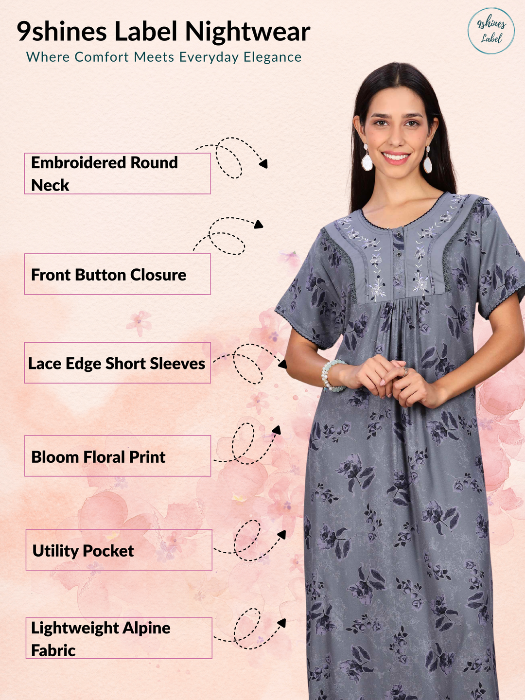 Alpine Designer Nighty in Floral Grey Print for Women