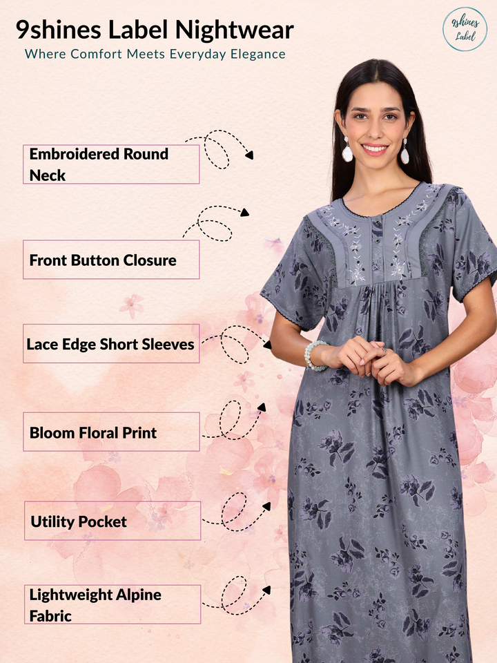 Alpine Designer Nighty in Floral Grey Print for Women