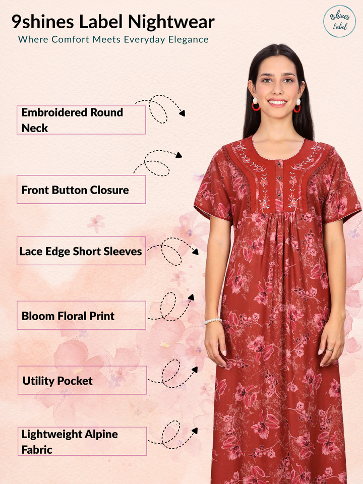 Alpine Designer Floral Red Print Nighty For Women