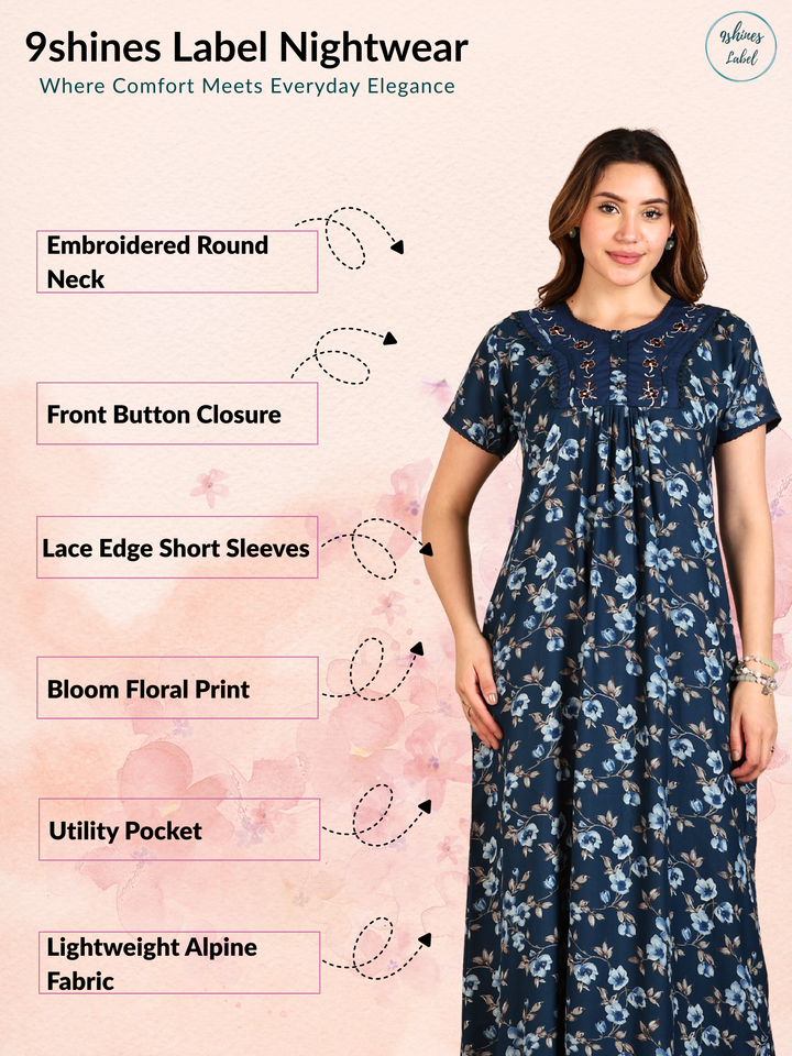 Alpine Designer Nighty in Floral Blue Print for Women