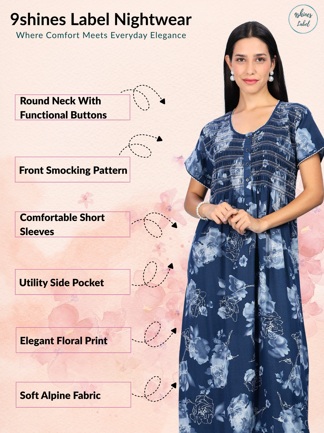 Blue Rose Smocking Nighty with Floral Pleated Design