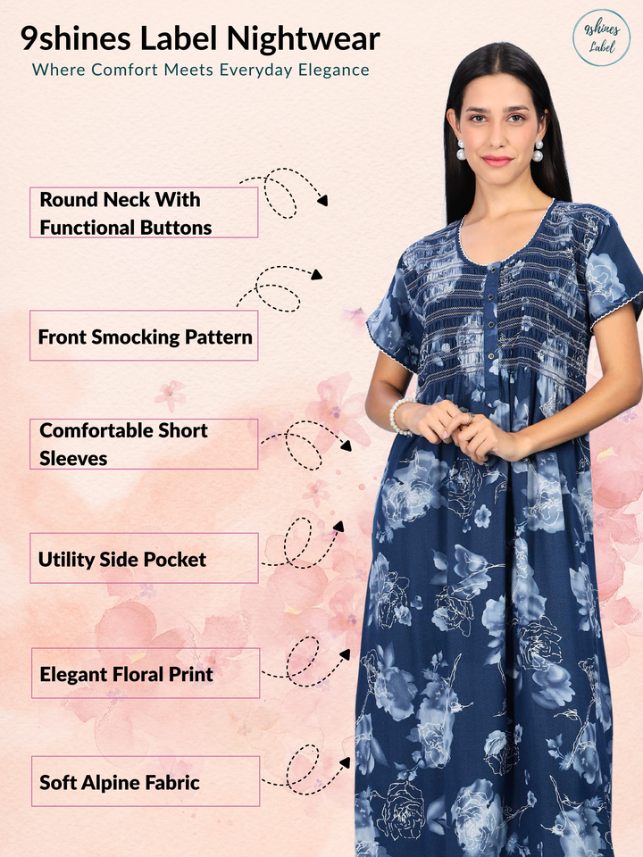 Blue Rose Smocking Nighty with Floral Pleated Design