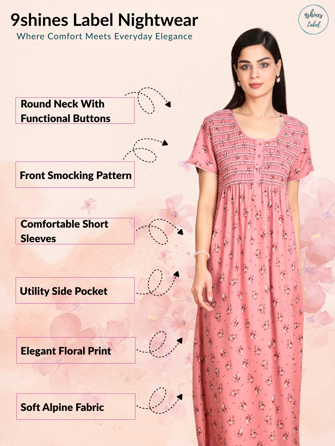 Shop Coral Pleated Nightdress for Women with Front Buttons