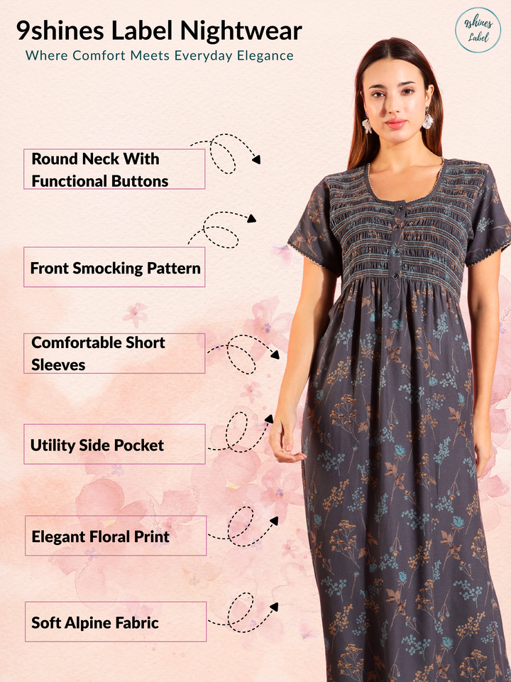 Soft Deep Grey Pleated Nightdress for Relaxed Lounging