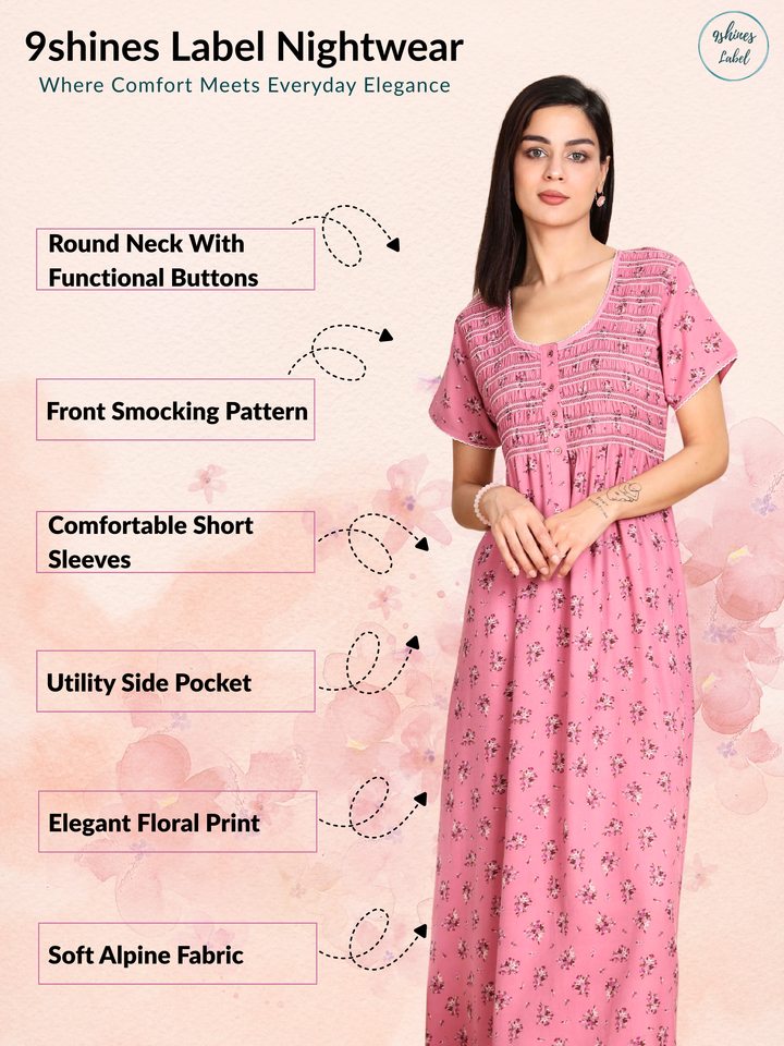 Elegant Rouge Pleated Nighty with Floral Print and Pocket