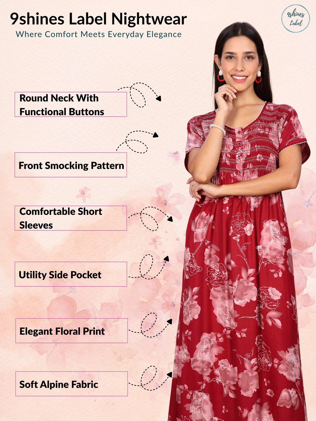 Red Rose Smocking Nighty for Women in Floral Maxi Style