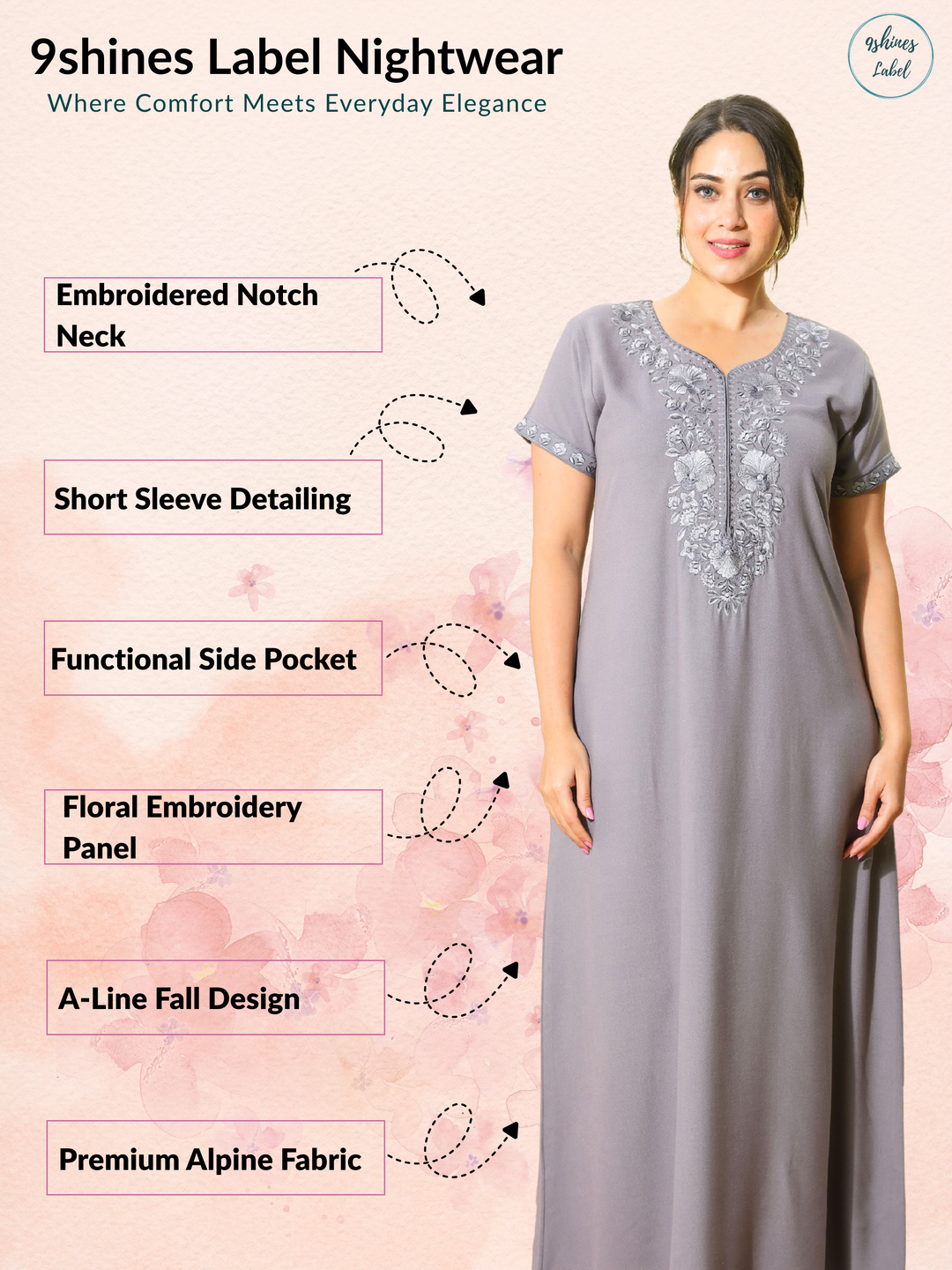 Sadabahar French Silver Embroidered Alpine Nighty for Women