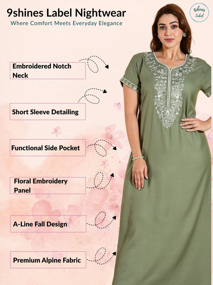 Sadabahar Green Alpine Nighty with Classic Embroidery and Pocket