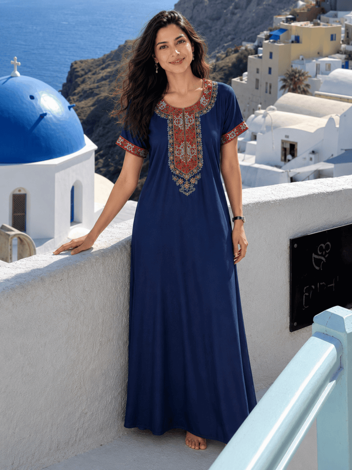 Raatrani Heritage Blue Alpine Embroidered A Line Nighty for Women