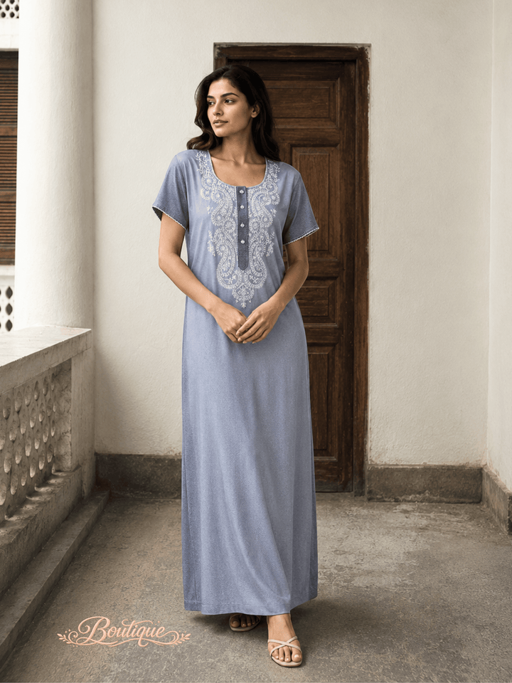 Whisper Grey Alpine Designer Nighty for Women with Embroidery
