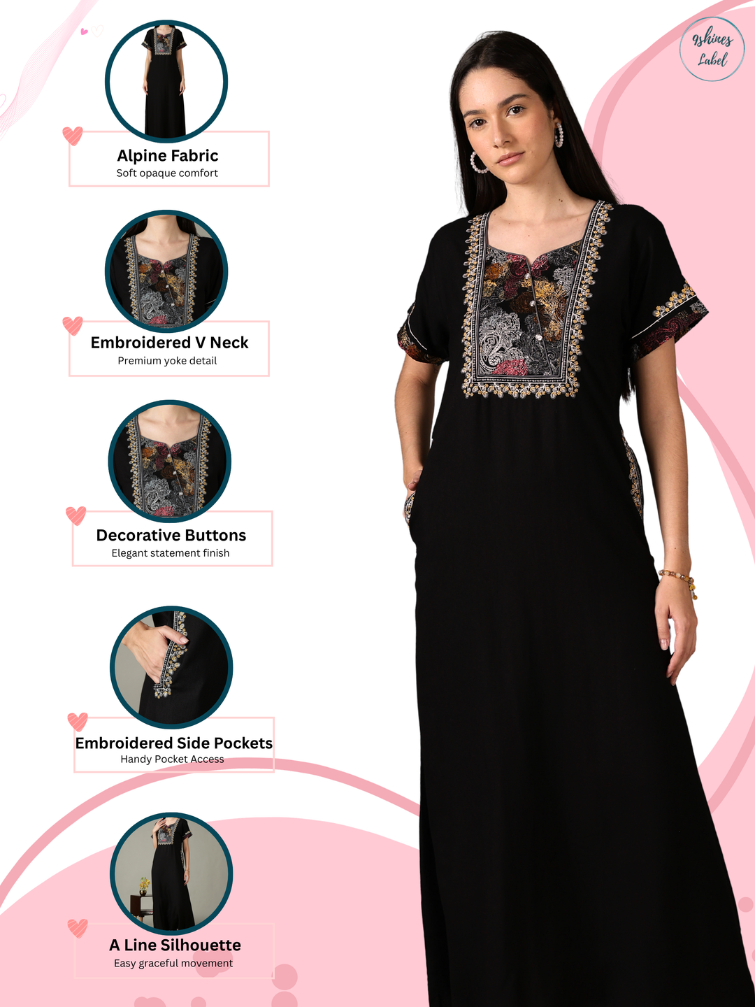 Regal Black Alpine Designer Nighty for Women with Embroidered A Line Fit
